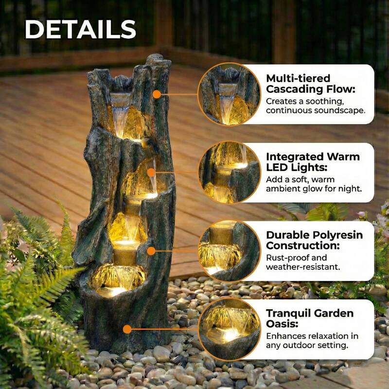 39.4 Inch Tree Design Outdoor Waterfall Fountain Freestanding Fiberglass Resin Water Feature with LED Lights - N/A