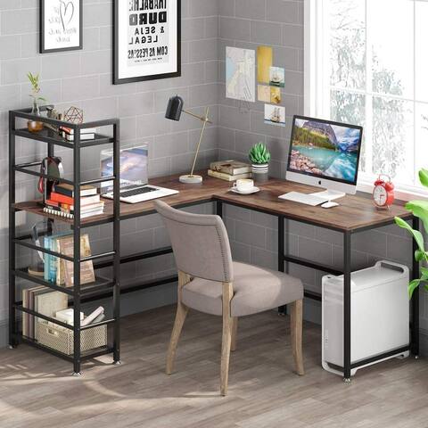 L Shaped Desk with Bookshelf, 59 inch Corner Desk for Home Office