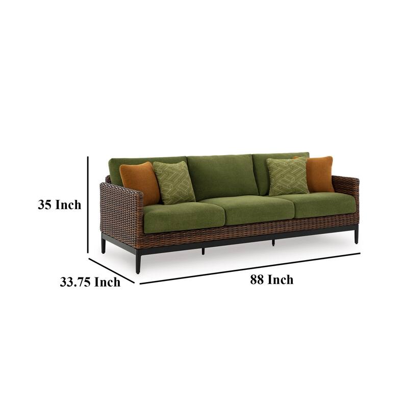 Inaya Outdoor Sofa, 4 Throw PIllows, Green Polyester, 88 Inch Brown