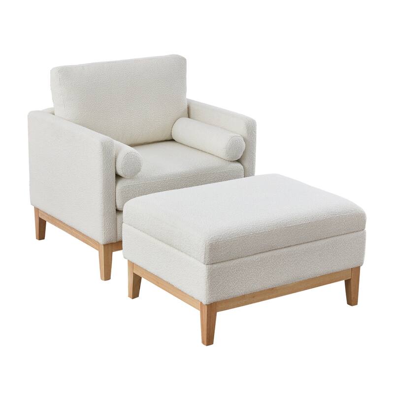 35" Farmhouse Style Boucle Single Sofa Accent Chair with Storage Footstool, Natural Wood Legs for Living Room, Office