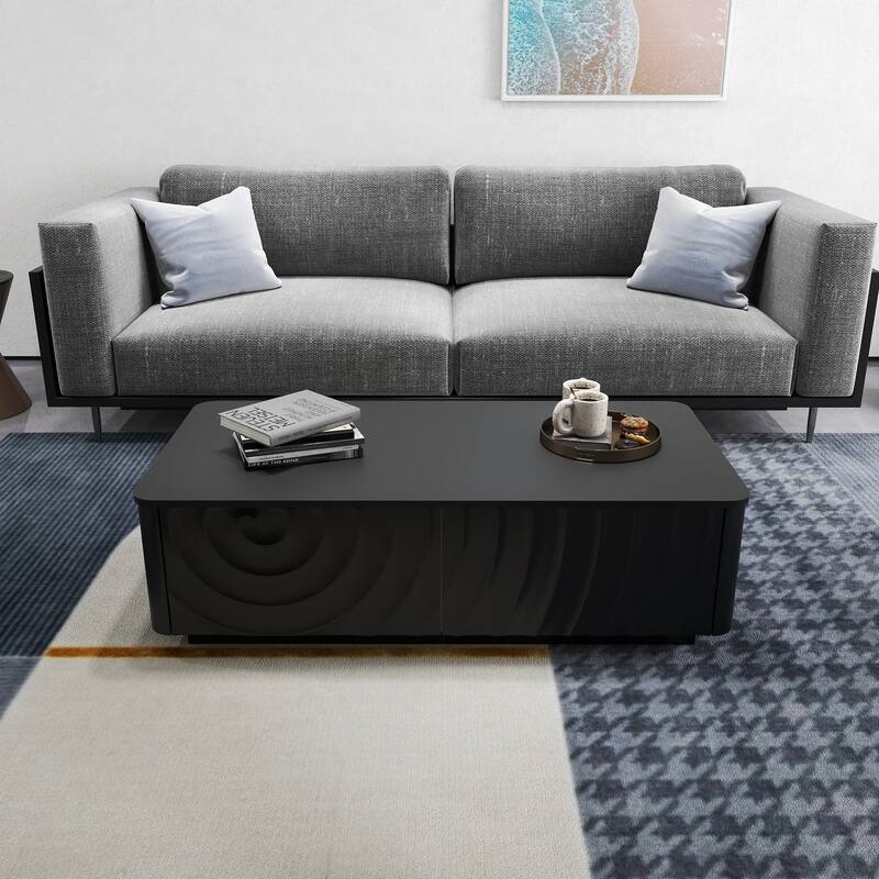 47" Rectangle Coffee Table With Storage Classic Square Spiral Grain Coffee Tables For Living Room Coffee Table With 2 Drawers - Black