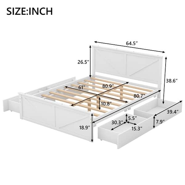 dimension image slide 1 of 4, Wooden Storage Platform Bed with 4 Drawers & Support Legs