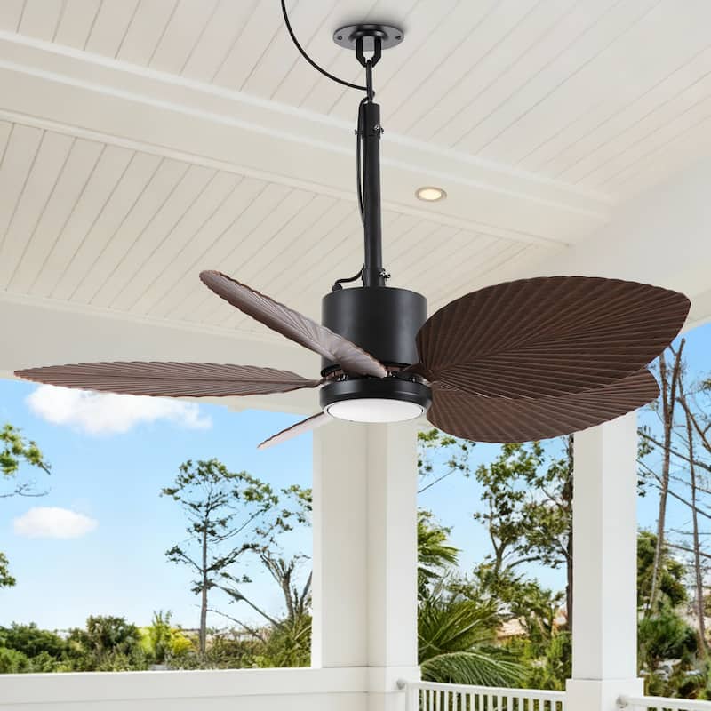 42" Farmhouse Black Waterproof Outdoor Gazebo LED Ceiling Fan with Light, Hook Downrod and Tropical Palm Leaf - 42"Wx13.7"H