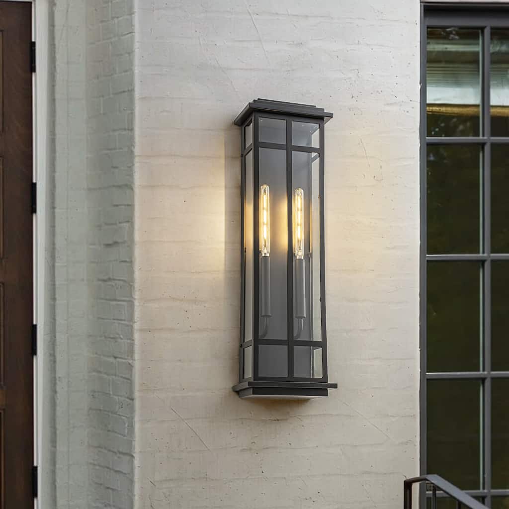 Rennnsan Matte Black 2-Light Rectangular Iron & Glass IP44 Outdoor Wall Sconce for Patio - 2 Light