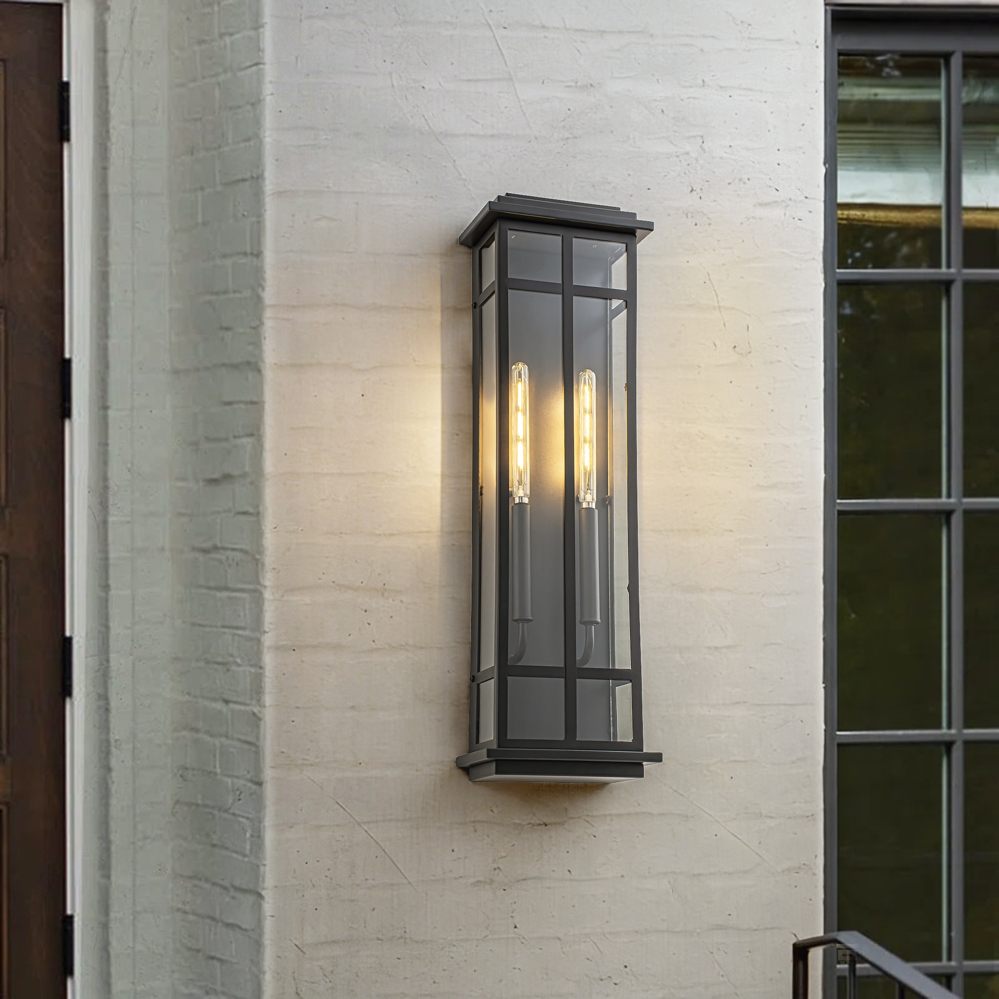 Rennnsan Matte Black 2-Light Rectangular Iron & Glass IP44 Outdoor Wall Sconce for Patio - 2 Light