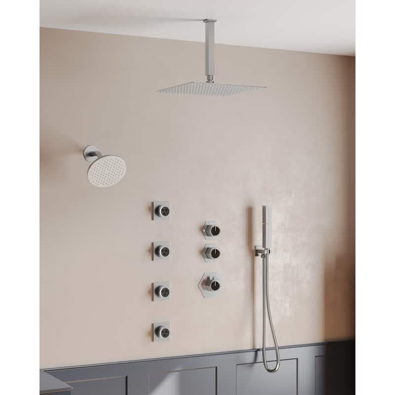 Dual Heads Thermostatic Shower Faucet with 12" Rainfall Shower, Handhels Spray And Body Jets - 12" x 6" - Brushed Nickel