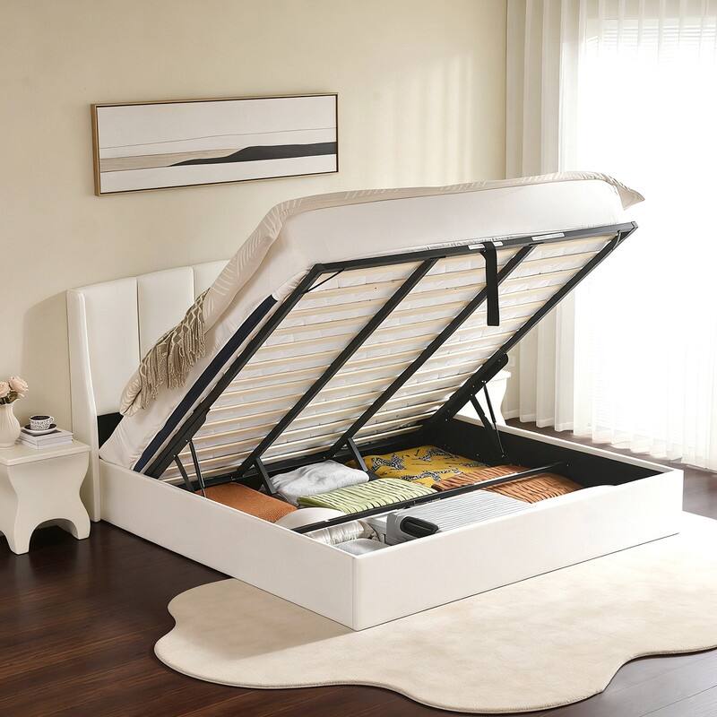 Linen Wingback Hydraulic Lift Up Storage Upholstered Platform Bed