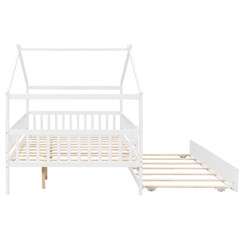 Full Size Wooden House Bed with Twin Size Trundle