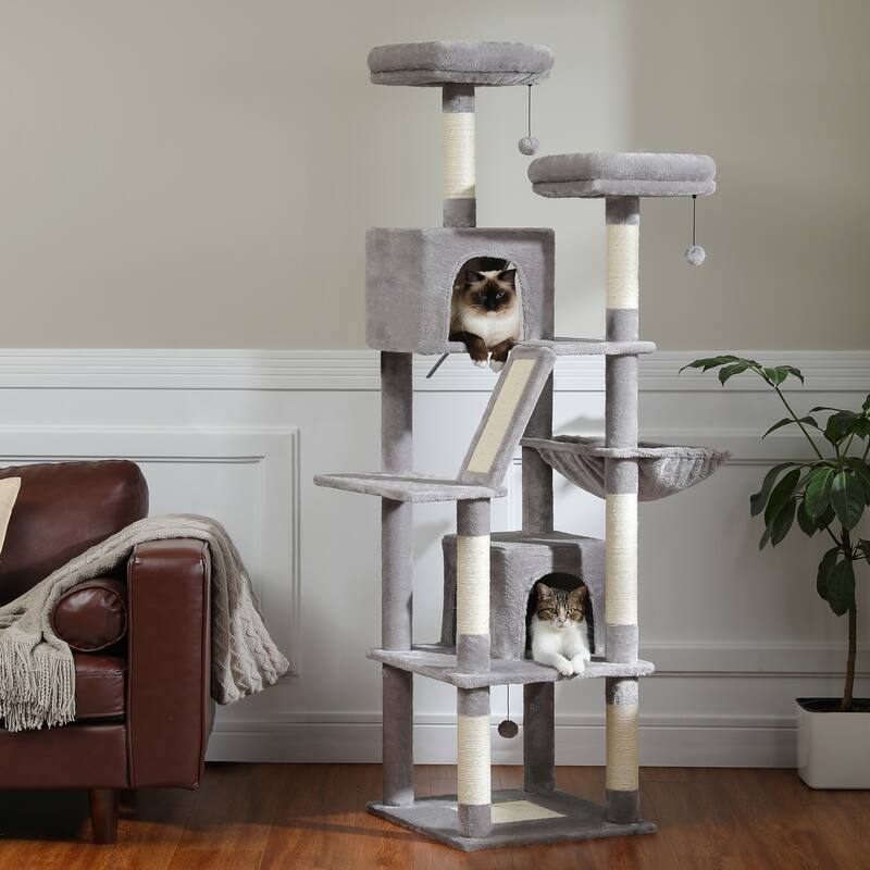 Multi-Level Indoor Large Cat Tree Scratching Post with 2 Perches, 2 Condos, Hammock and 2 Pompoms