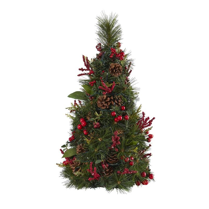 2’ Berry & Pine Cone Artificial Christmas Tree, Clear LED Lights - 2 Foot