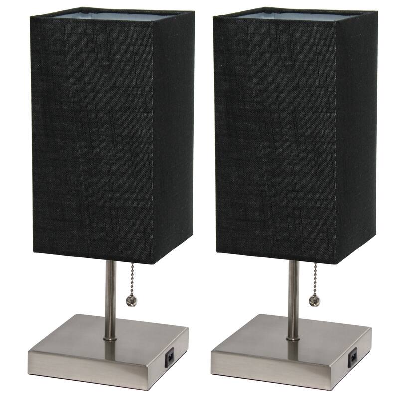 14.25 in. Brushed Steel Finish Table Lamp with Black Shade, Durable Stick Lamp for End/Side Tables, Set of 2