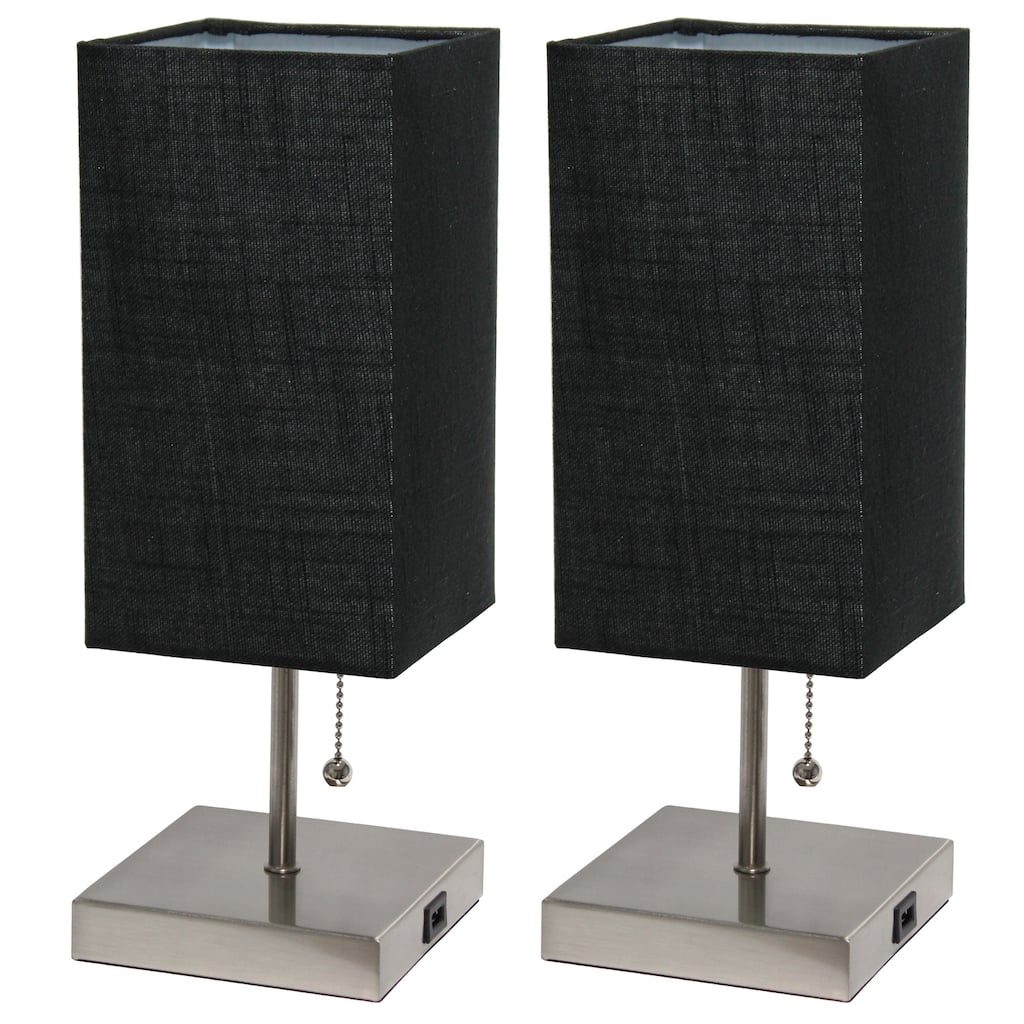 14.25 in. Brushed Steel Finish Table Lamp with Black Shade, Durable Stick Lamp for End/Side Tables, Set of 2