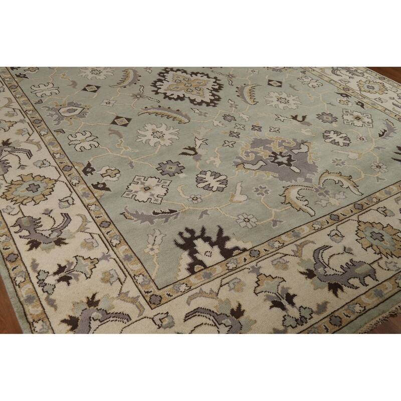 Green Floral Oushak Indian Area Rug Hand-Knotted Wool Carpet - 9'1"x 11'10"