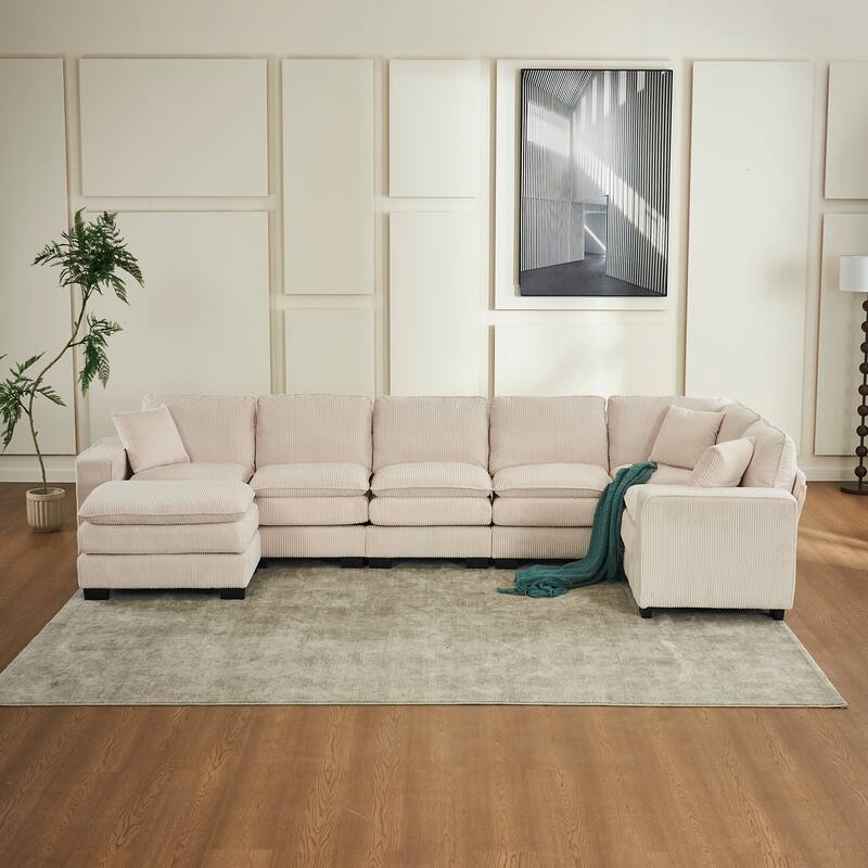 Corduroy Upholstered U-shaped Chaise Sectional Sofa Modular Sleeper Sofa Bed Deep Seat Couch with Ottoman and Pillows - White