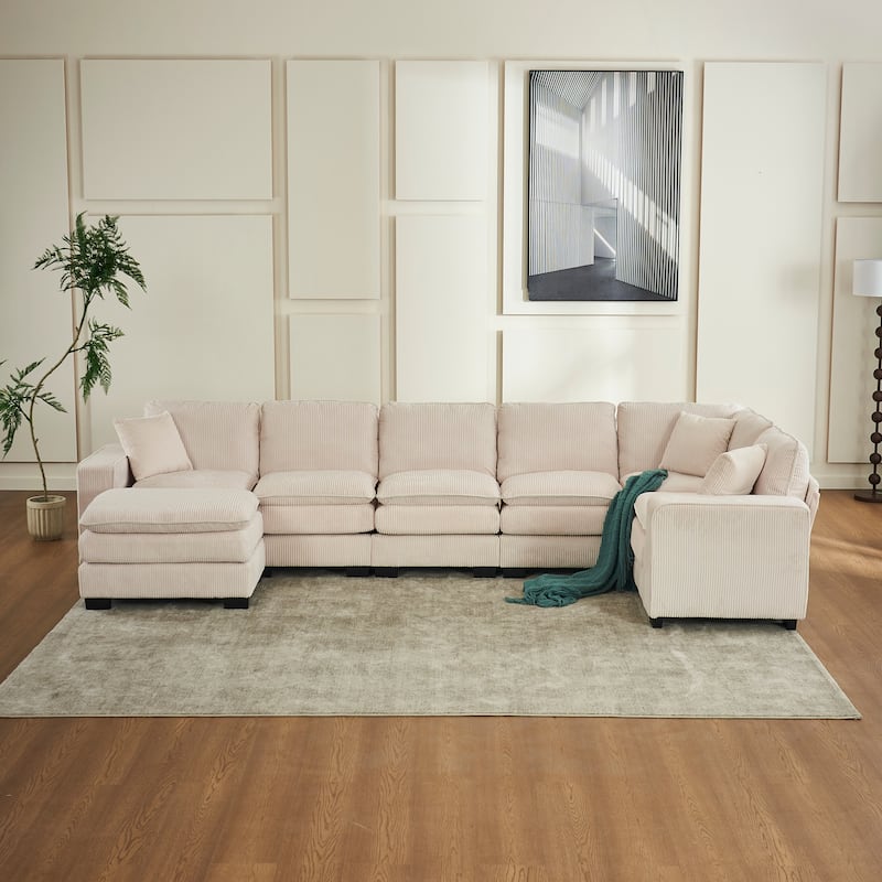 Modern Corduroy Sofa with Spring Supported Cushions and Pillows and Wood Frame for Living Room and Guest Room