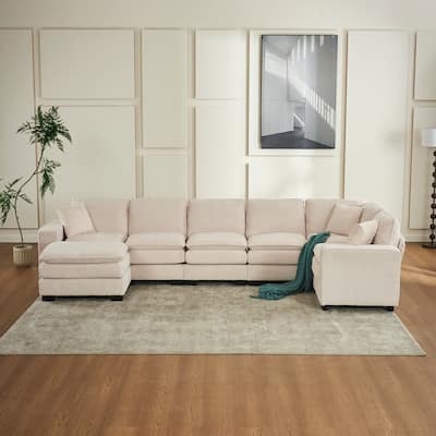 Modern Corduroy Sofa with Spring Supported Cushions and Pillows and Wood Frame for Living Room and Guest Room