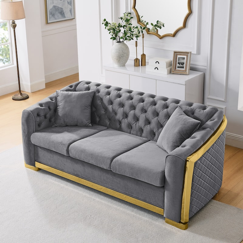 Velvet Chesterfield Sofa with 2 Pillows, Tufted Upholstered 3 Seater Sofa, Accent Sofa with Rolled Arms & Stainless Legs