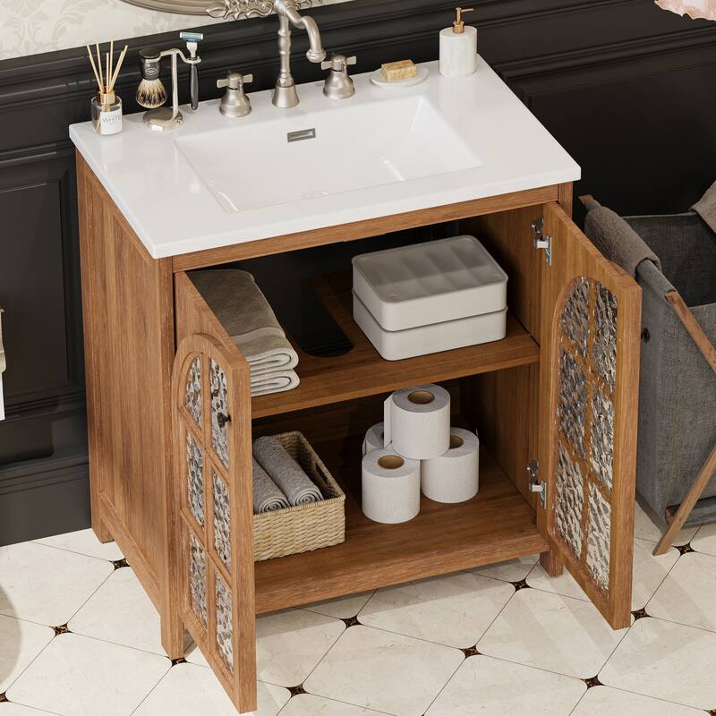 Bathroom Vanity with Sink, Freestanding Wood Bathroom Cabinet, Storage Cabinet with Tempered Glass Doors & Adjustable Shelves