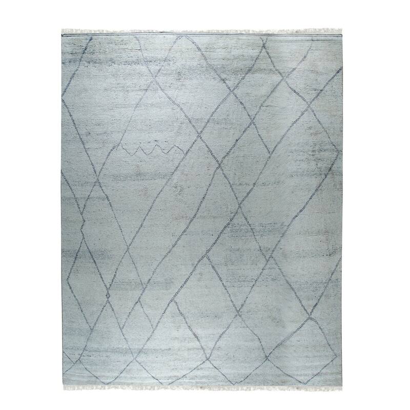 Silver Hand-Knotted Wool Moroccan Rug, 9' x 12', plush stylish floor accent - L
