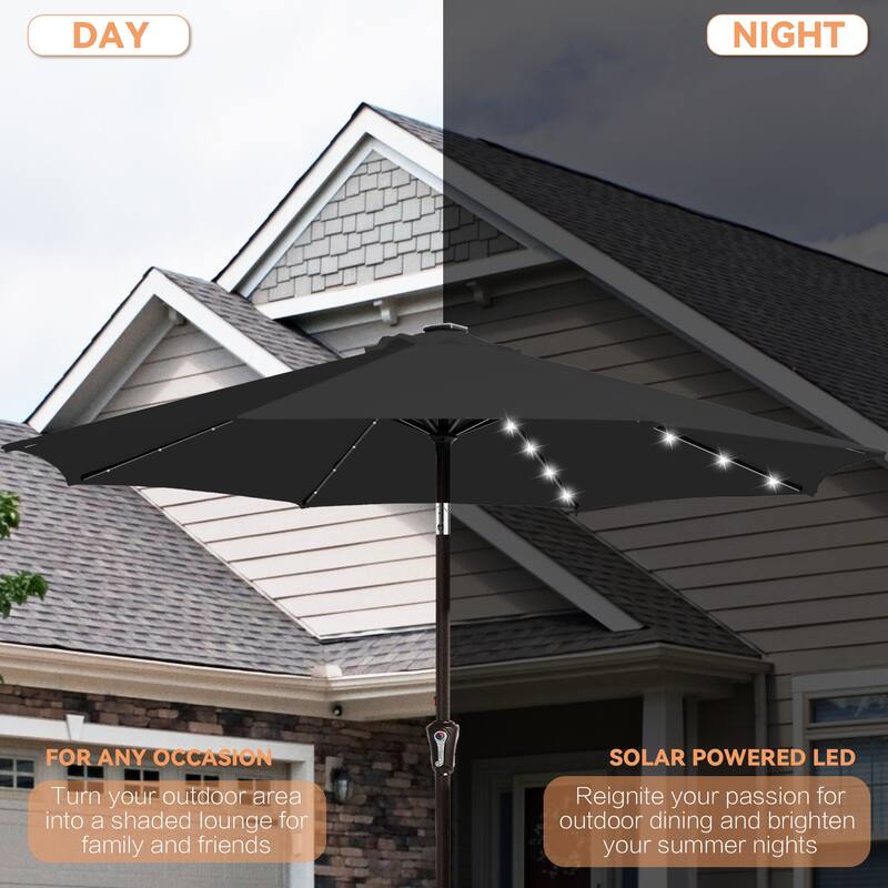 9ft Patio Market Umbrella with LED Lights,Crank & Tilt