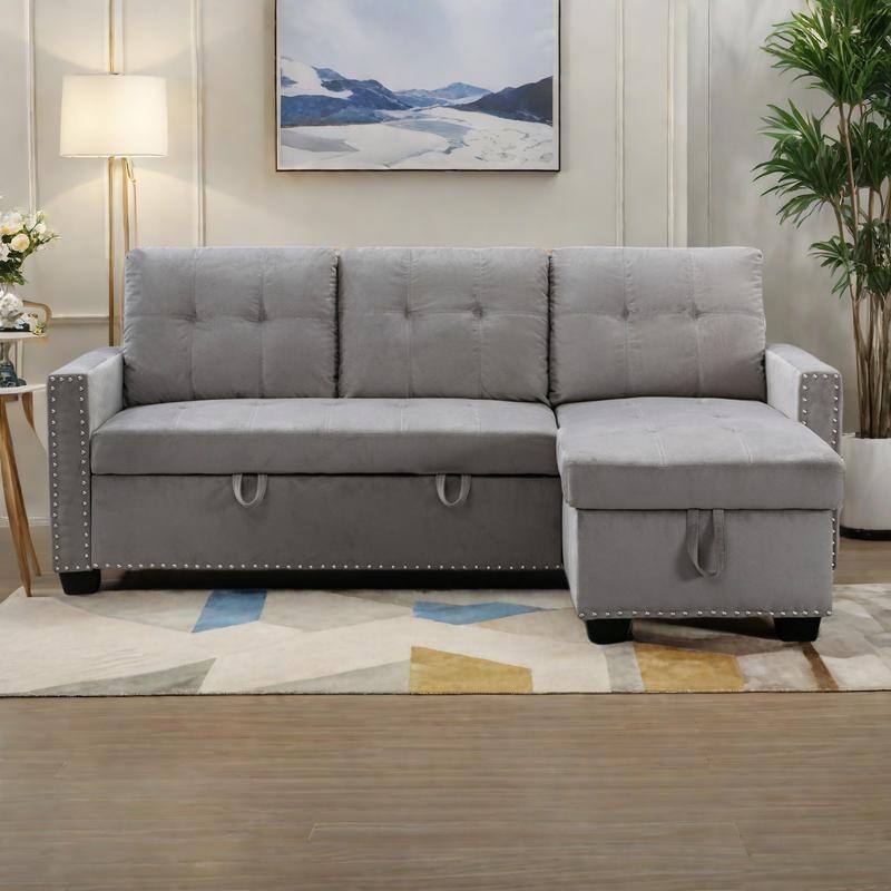 76.8" Fabric Reversible Sleeper Sectional Sofa Bed with Storage Chaise and 2-Seat L-Shaped - LIGHT GREY