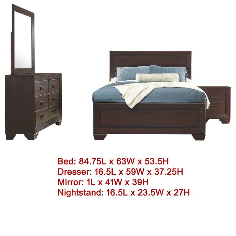 Bello 4pc Queen Size Bedroom Set, Recessed Grooves, Dark Cocoa Brown