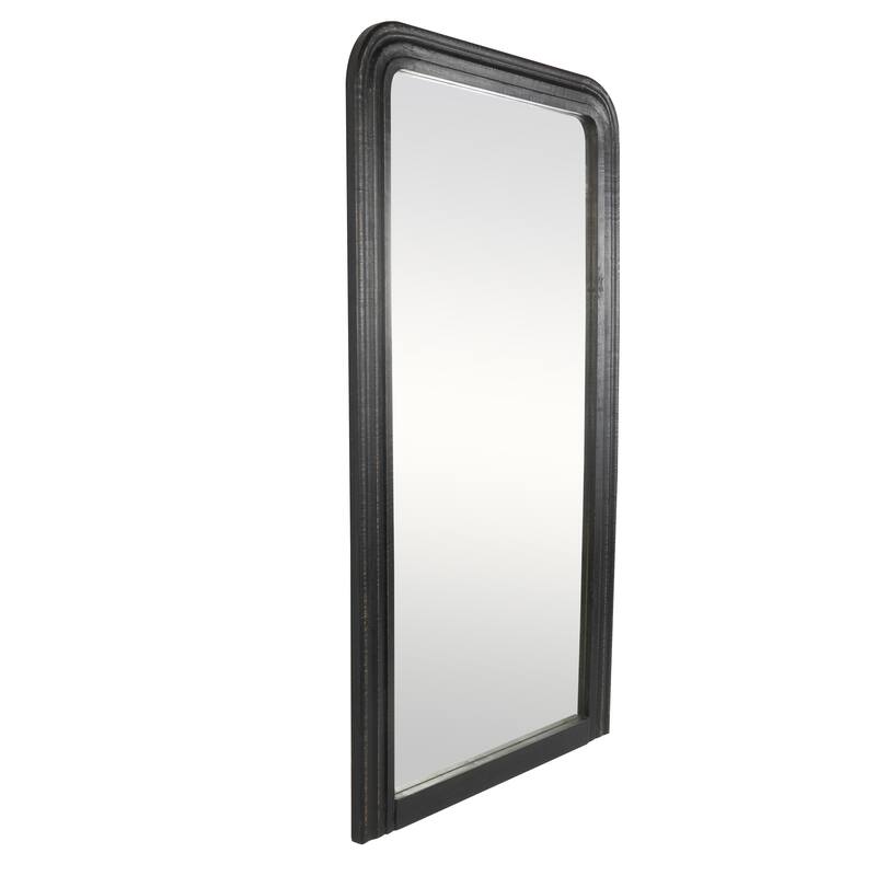 Black Mango Wood Distressed Room Floor Mirror with Carved Grooves