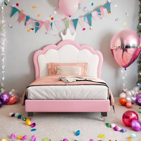 slide 2 of 10, Twin Size Crown Headboard Princess Bed, White+Pink White