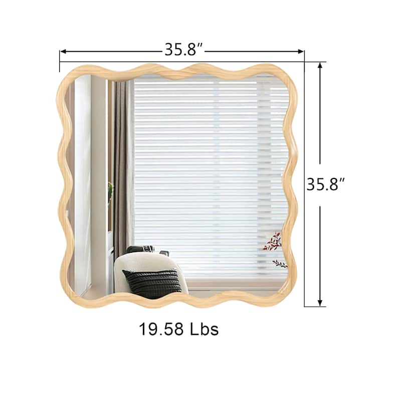 Mia Solid Wood Wavy Square Large Wall Mirror with HD Reflection and Artistic Frame Design by GDFStudio - 36" x 36"