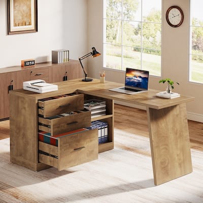 L-Shaped Computer Desk with File Cabinet, Home Office Desk with Storage
