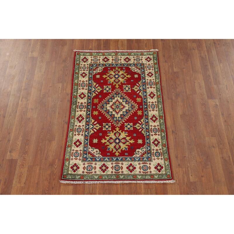 Red Geometric Kazak Foyer Rug Handmade Traditional Wool Carpet - 2'10" x 4'1"