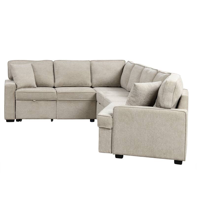 126" Chenille L-Shaped Sectional Sofa Bed with USB Charging and Drop-Down Bed