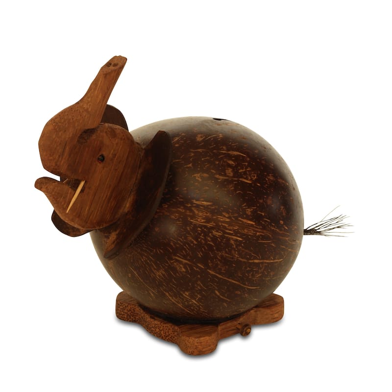 Unique Handmade Coconut Shell Wood Elephant Coin Piggy Bank Handcrafted Wooden Rustic Hand Carved Keepsake Saving Money