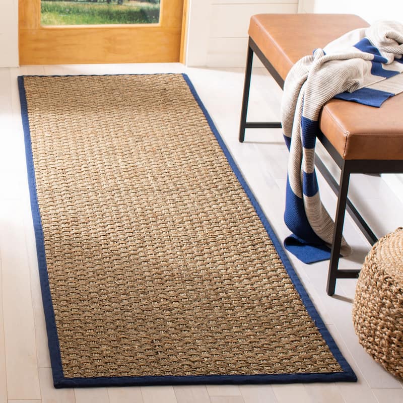 SAFAVIEH Natural Fiber Marina Basketweave Seagrass Rug - 2'6" x 8' Runner - Natural/Blue