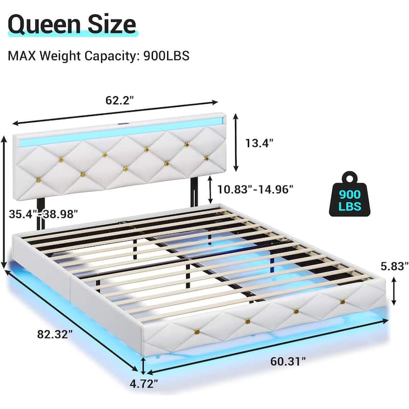 Floating Bed Frame LED Lights USB Ports Low Profile Faux Leather