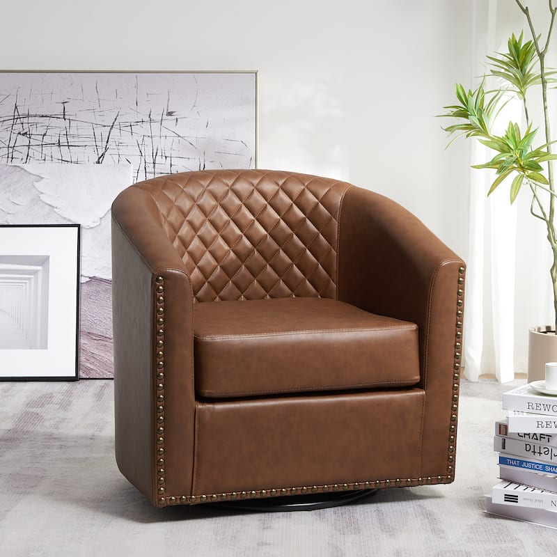 KINWELL 29" Wide Tufted PU Leather Swivel Barrel Chair - Brown