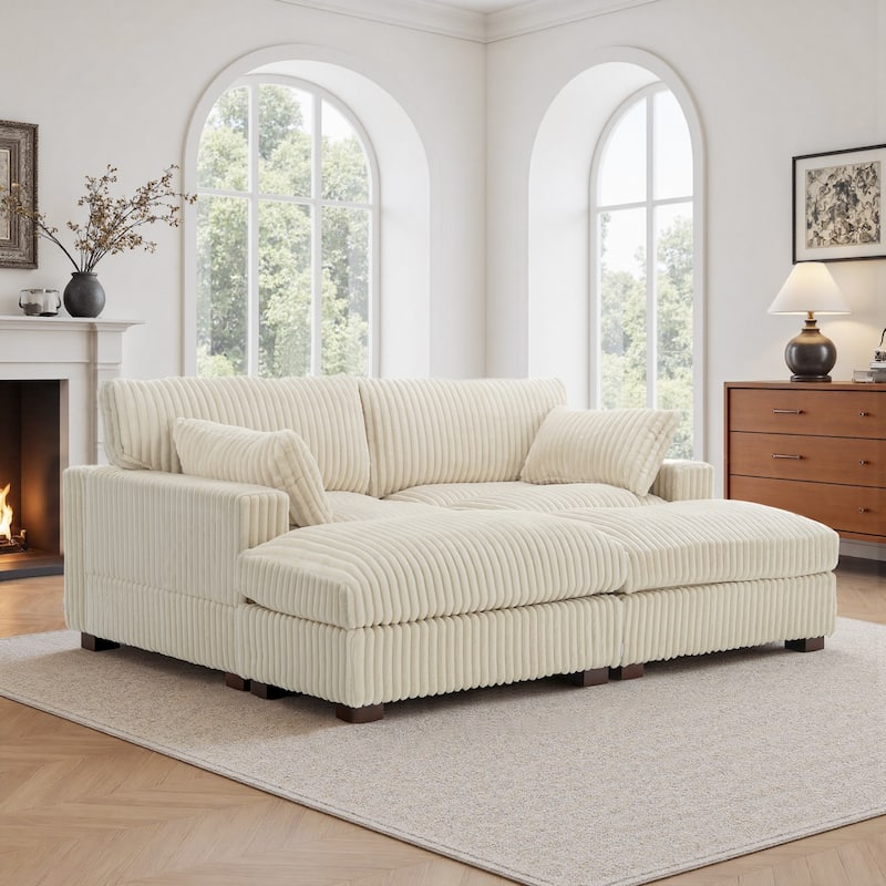 Modern Oversized Plush Corduroy Modular Sectional Sofa with 2 Ottomans - White-4 Pieces - Symmetrical