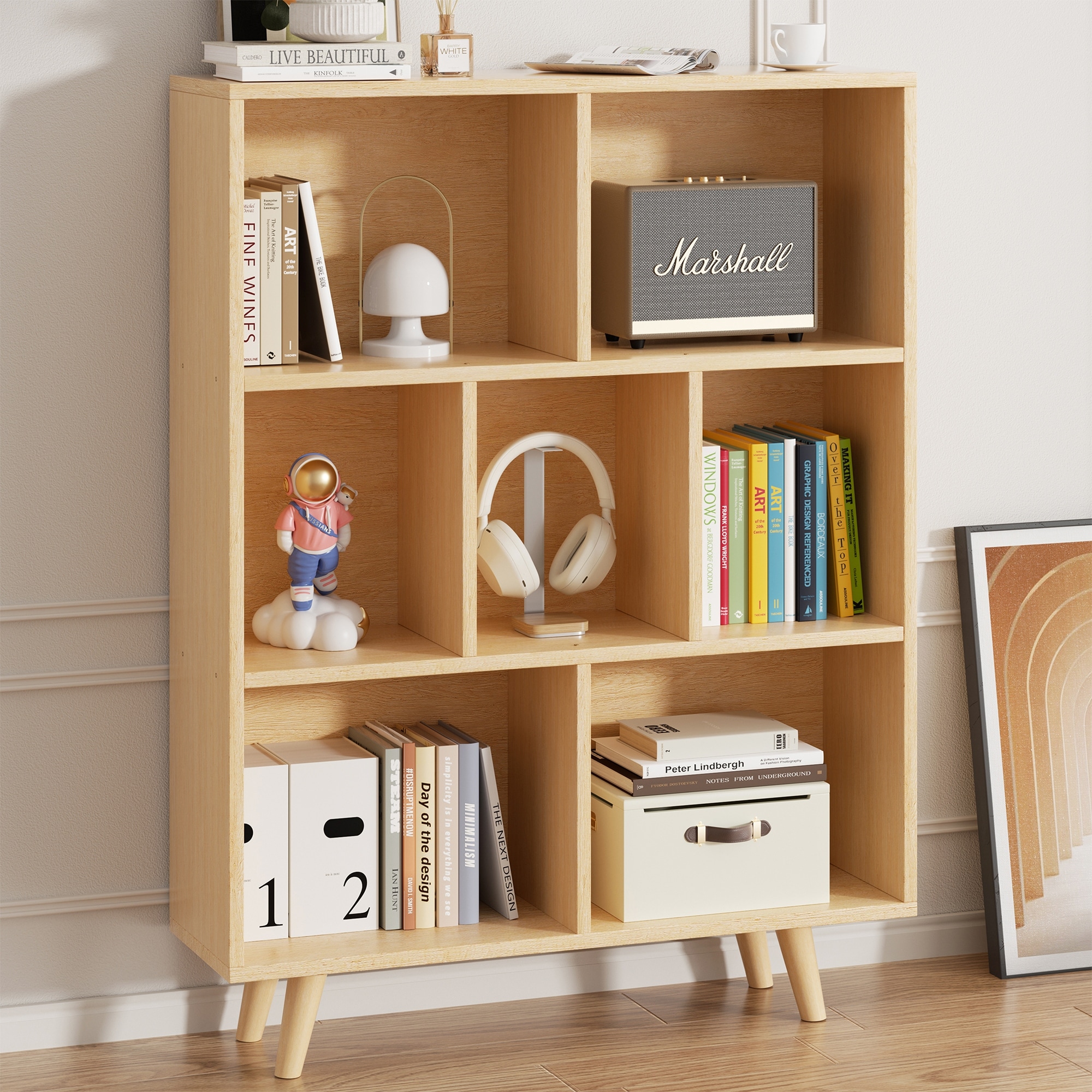Wooden 7 Cube Bookshelf, 3-Tier Storage Bookcase - On Sale