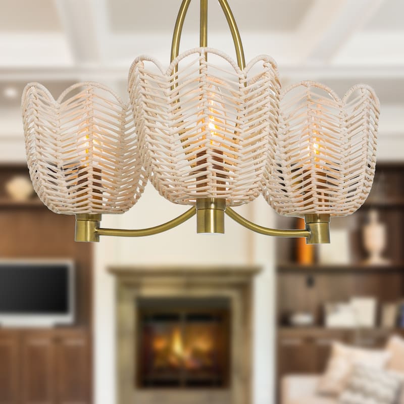 Echo River of Goods Gold and White Rattan and Metal Trio-Shade 18.5-Inch Ceiling Light - 18.5" x 18.5" x 13.625"