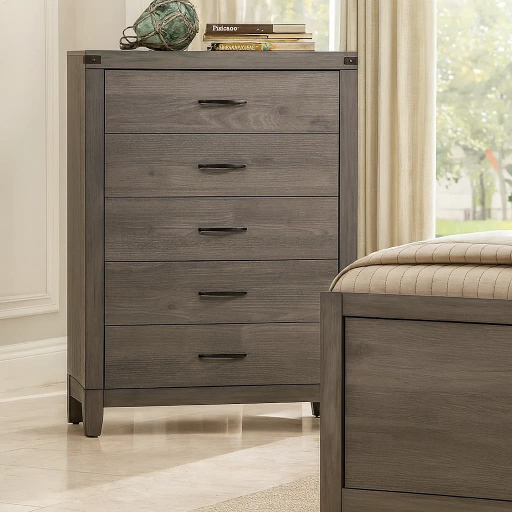 Benjara Roomy 5 Drawer Wooden Chest With Metal Handles, Weathered Gray