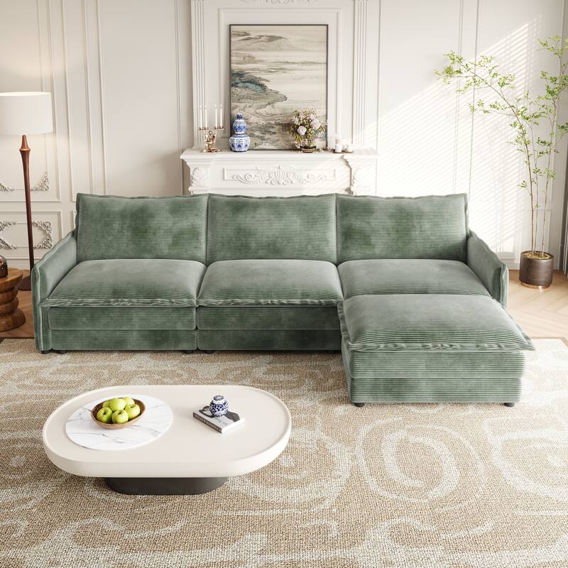 Corduroy Cloud Sectional Sofa Modular L Shaped Couch with Ottoman
