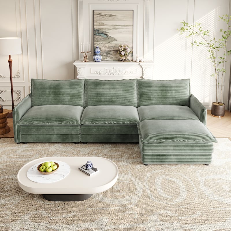 Corduroy Modular Deep Seat Couch L-shaped Sectional Sofa with Ottoman