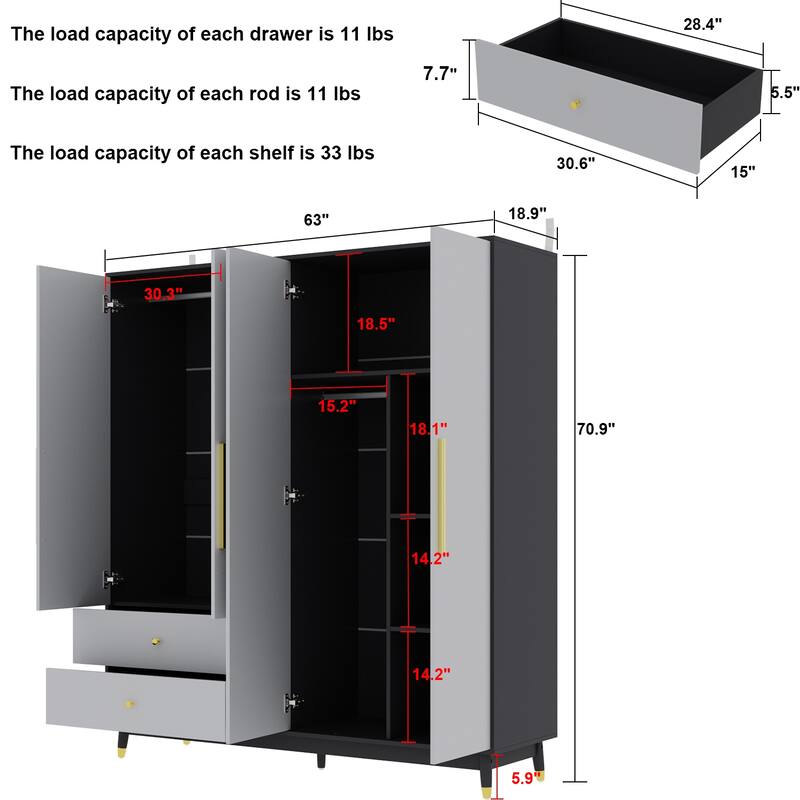 Wooden 2 Drawers 4 Doors Wardrobe Armoire With Mirror (Gray/Black)