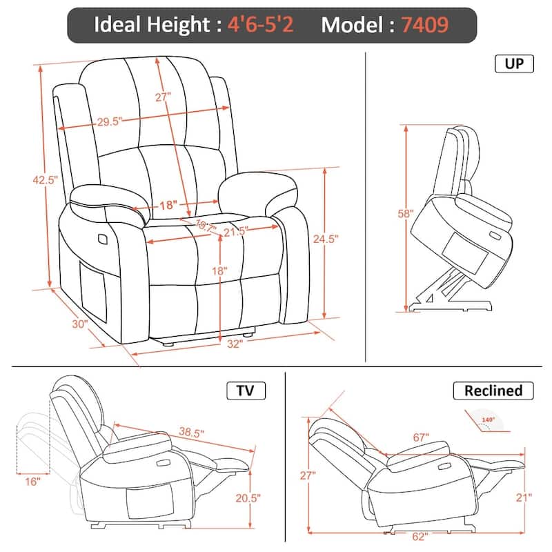 MCombo Small Sized Power Lift Recliner Chair with Massage and Heat, USB Ports, Faux Leather 7409