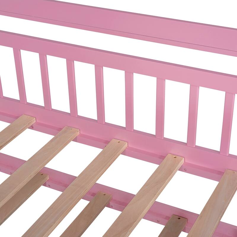 Cute Wooden Twin or Full House Bed with Trundle, Kids Bed Wood Platform Bed Frame with Safety Guardrail & Storage Shelf