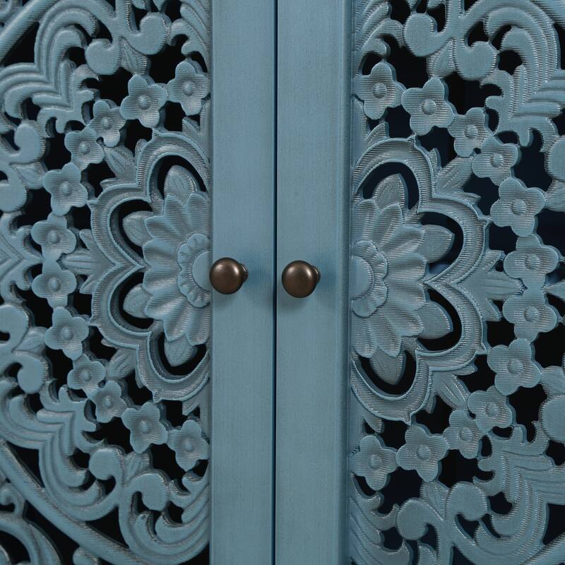 Buffet Cabinet with Floral Carvings with Solid Wood Legs&Antique Brass Handles&Adjustable Shelves,