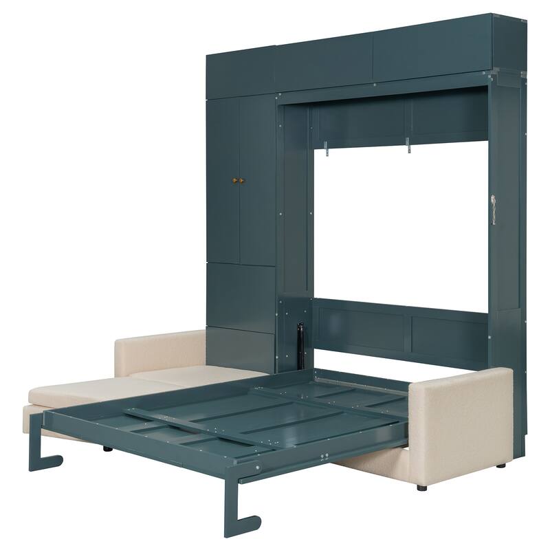 Queen Size Wall Bed with Sofa and Shelves, Green Panel, Beige Sofa