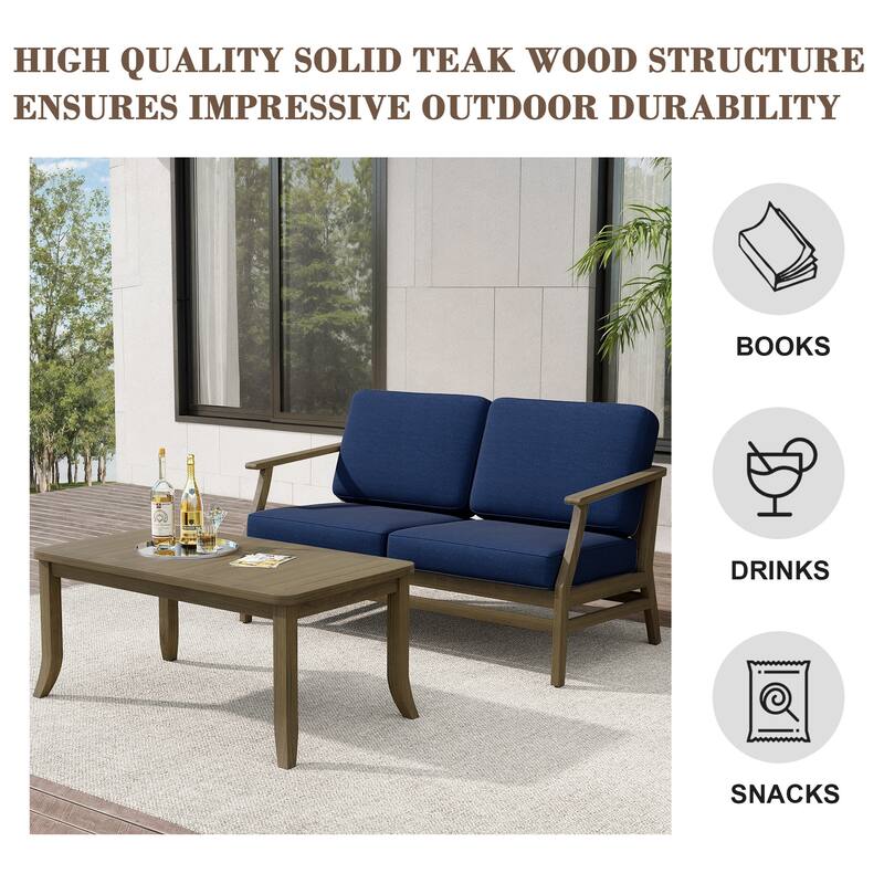 Teak Outdoor Patio Loveseat and Coffee Table Set (2-Piece)