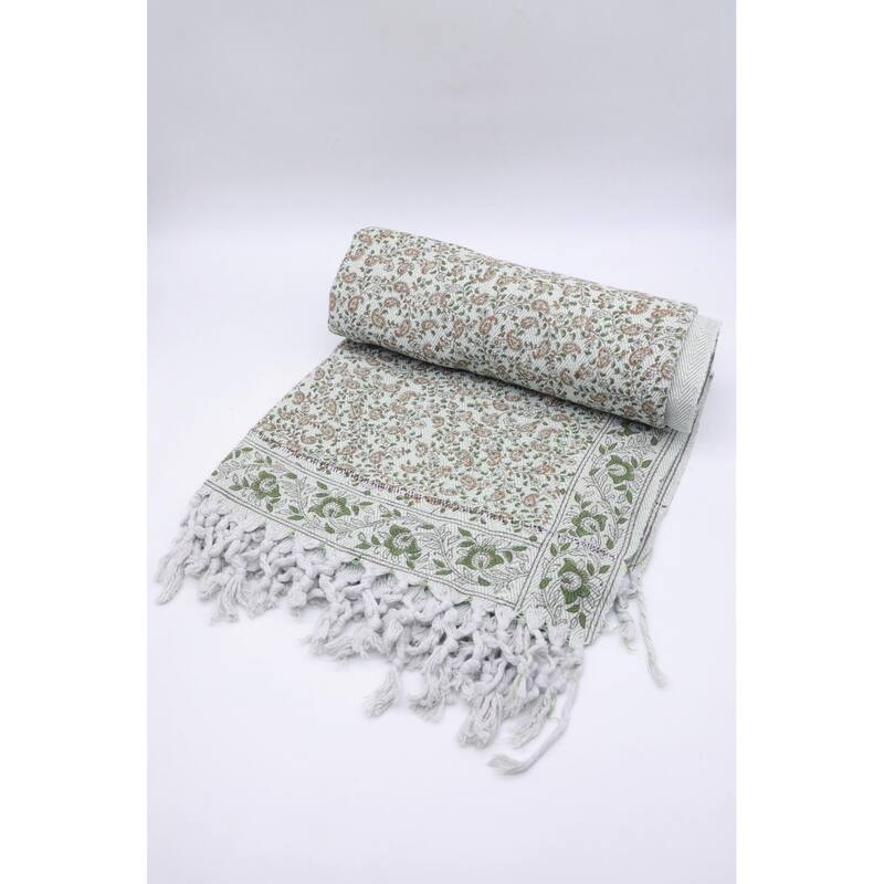 Fabdivine Keri Jaal Handcrafted Cotton Throw - Traditional Indian Block Print Blanket with Fringe, 90" x 54"