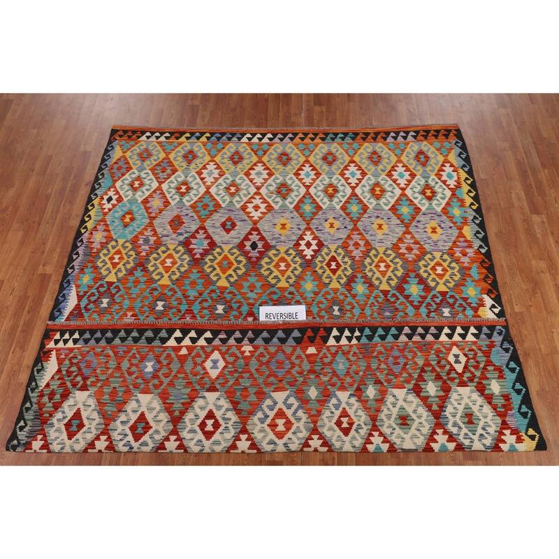 Reversible Kilim Area Rug Hand-Woven Geometric Oriental Wool Carpet - 8'1" x 9'9"